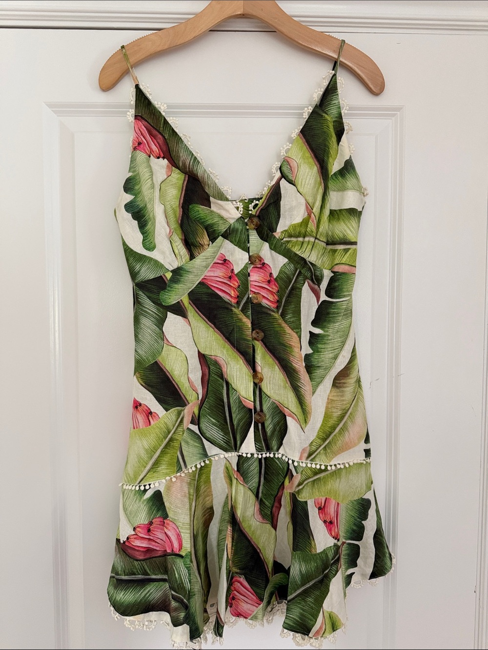 FARM Rio Green and Pink Tropical Leaf Mini Dress